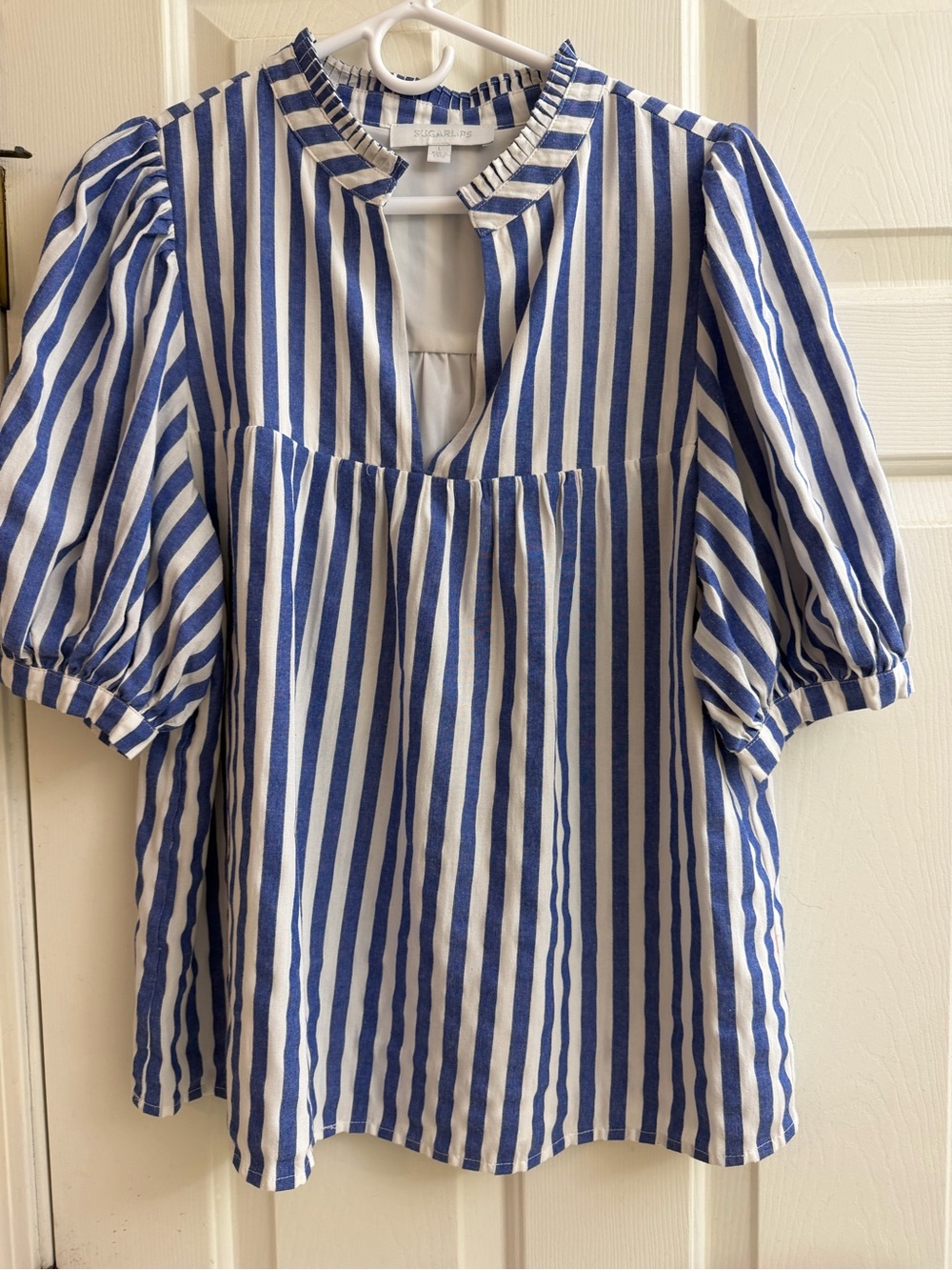 Sugarlips Blue and White Striped Puff Sleeve Dress